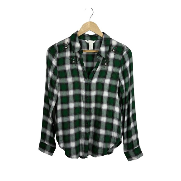 H&M Women’s Plaid Button Down Beetle Beaded Embellished Top Green/White 4 - Picture 4 of 10
